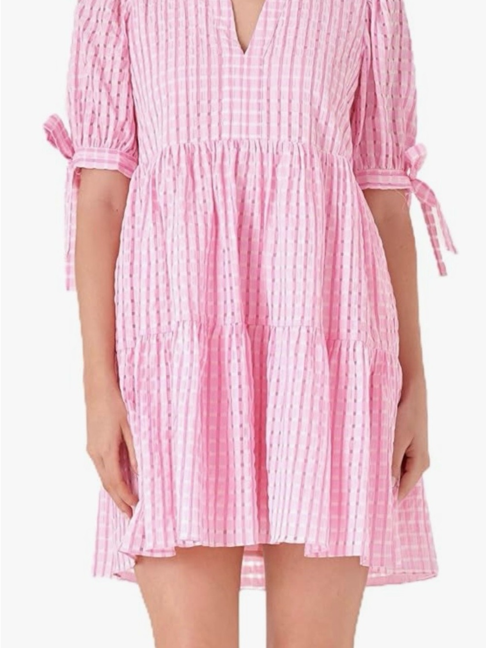 English Factory Pink Tiered Eyelet-Textured Gingham Casual Dress